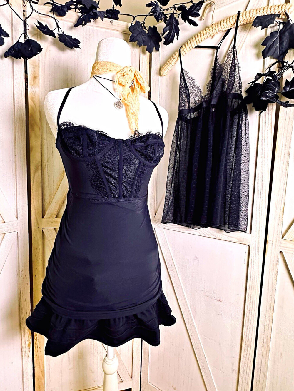 UO & VS Black Lace baby doll Cami Slip bundle goth alt edgy sheer mesh Sz Xs/s